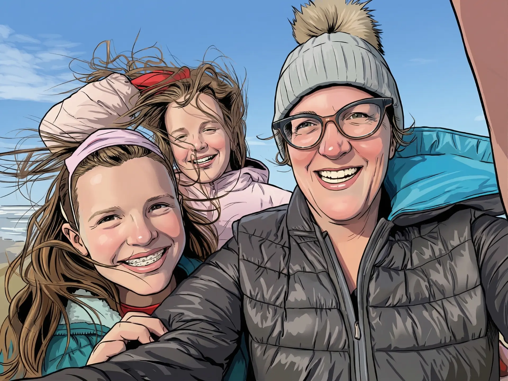 Illustration of Elizabeth Riddle Hoover with her daughters outdoors
