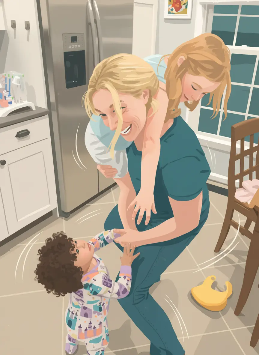 Illustration of Julie Kelleher with her children in the kitchen